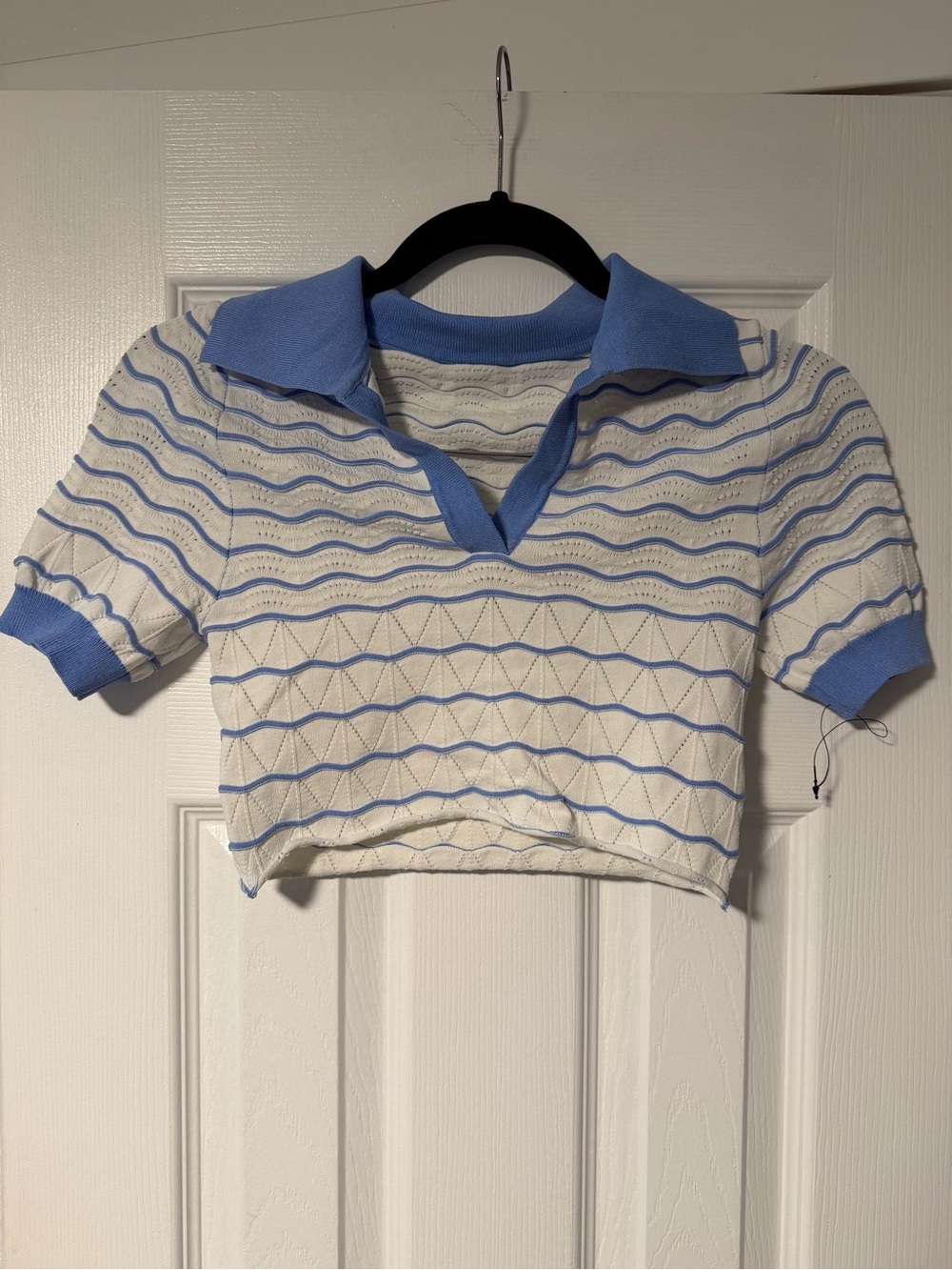 Blue & White Striped Knit Polo Crop Top